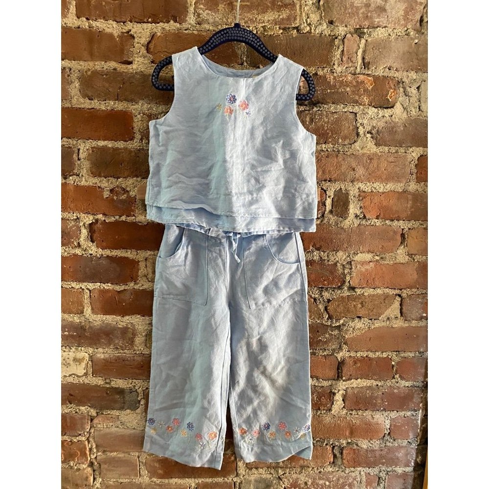 Vintage Pale Blue Linen Embroidered Set Tank and Pants 5Y